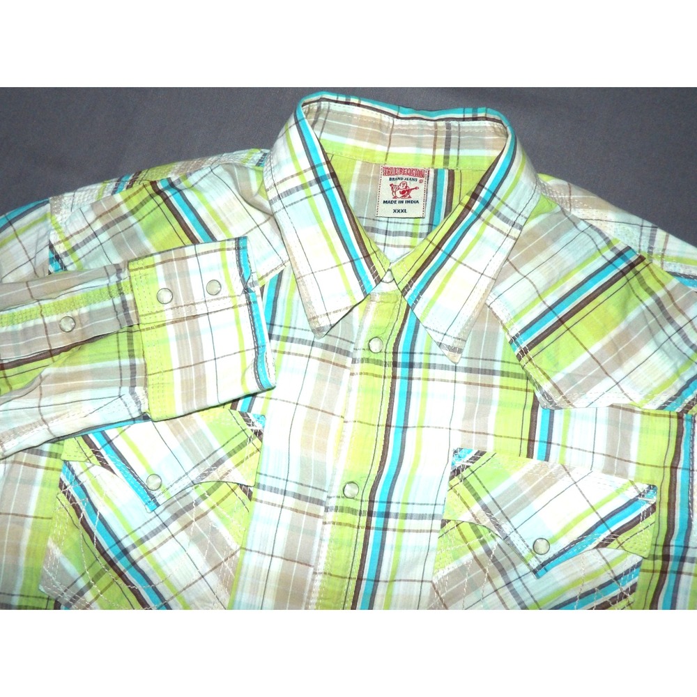 True Religion Long Sleeved Plaid Pearl Snap Graphic Western Shirt Men's XL